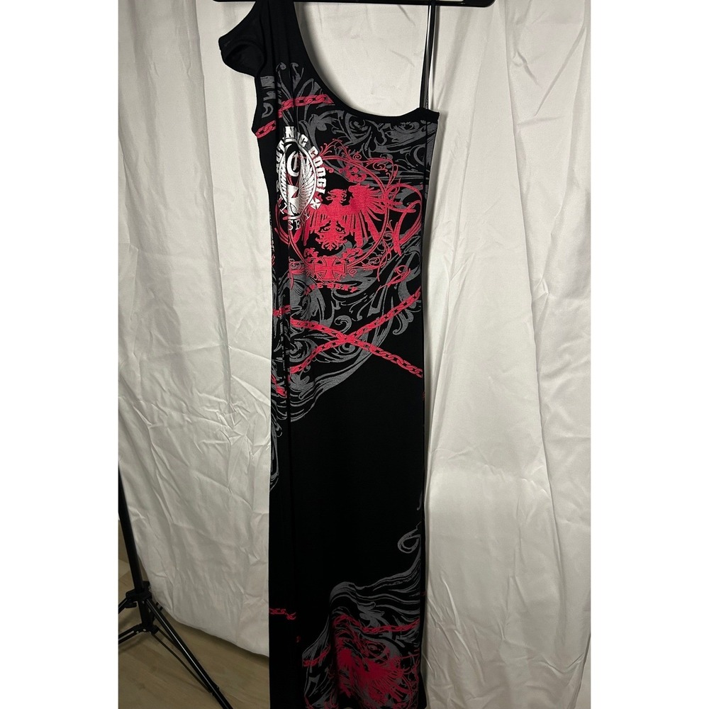 Coogi Womens One Shoulder Maxi Dress Black Pink Graphic Rhinestone Y2K M - Picture 6 of 10